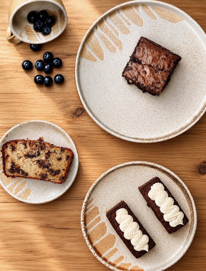 Brownies and other baked treats with blueberries on plates at Lua Cafe